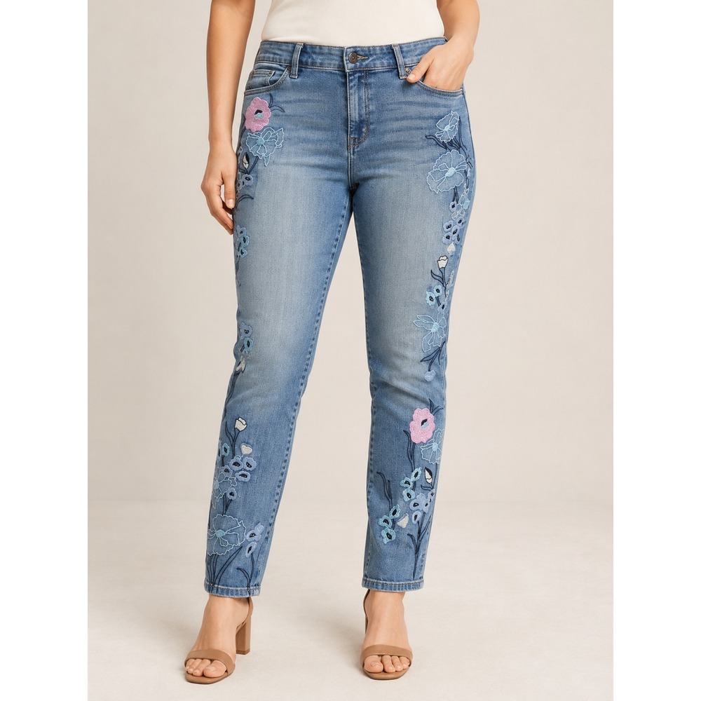 Laurie Felt Floral Embroidered Slim Leg Jeans Size 16